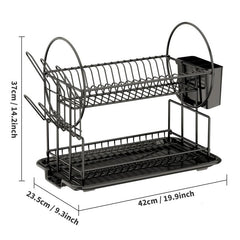 2 Tier Dish Drying Rack Large Strainer Drainboard Set Sink Utensil Cups Holder