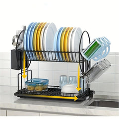 2 Tier Dish Drying Rack Large Strainer Drainboard Set Sink Utensil Cups Holder