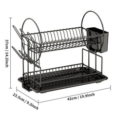 2 Tier Dish Drying Rack Large Strainer Drainboard Set Sink Utensil Cups Holder