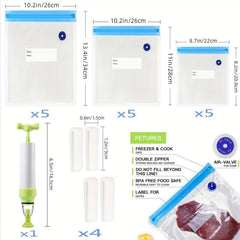 20pcs Reusable Vacuum Food Bags with Hand Pump and Sealing Clips