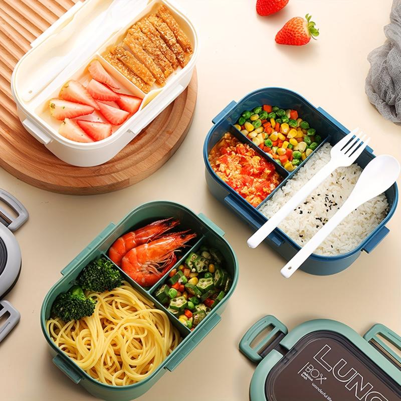 Double Layer Bento Box w/ Spoon & Fork Leakproof High Capacity Food Container