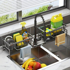 Stainless Steel Faucet Rack with Sponge Holder and Drain Basket