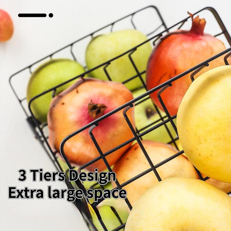 3 Tier Countertop Fruit Basket with Wood Handle Kitchen Storage