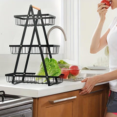 3 Tier Countertop Fruit Basket with Wood Handle Kitchen Storage