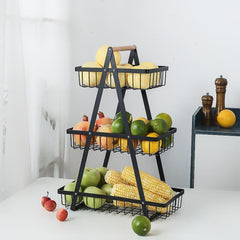 3 Tier Countertop Fruit Basket with Wood Handle Kitchen Storage