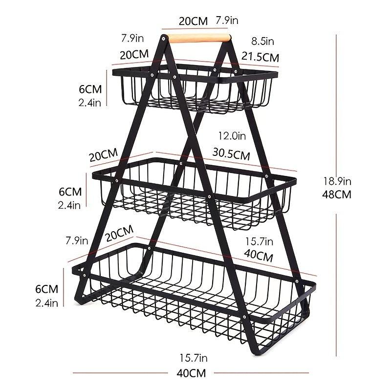 3 Tier Countertop Fruit Basket with Wood Handle Kitchen Storage