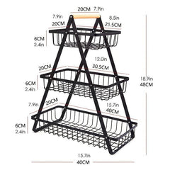3 Tier Countertop Fruit Basket with Wood Handle Kitchen Storage