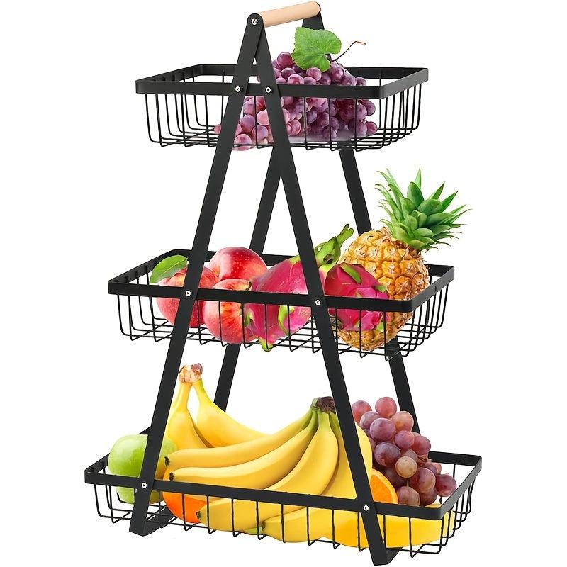 3 Tier Countertop Fruit Basket with Wood Handle Kitchen Storage