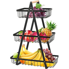 3 Tier Countertop Fruit Basket with Wood Handle Kitchen Storage