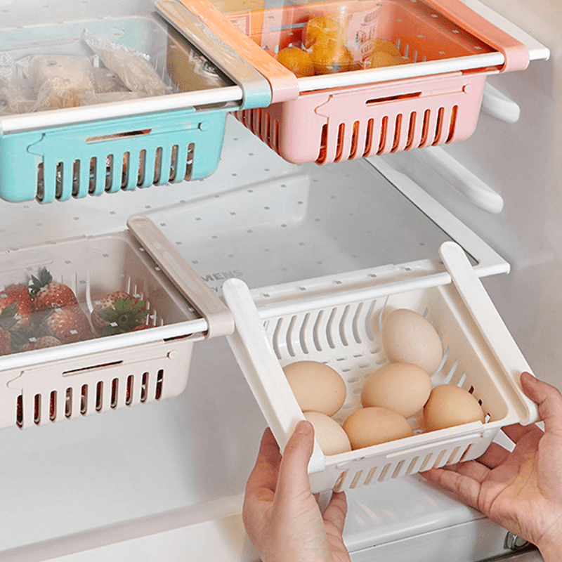 Retractable Fridge Organizer with Divider Shelf and Egg Basket
