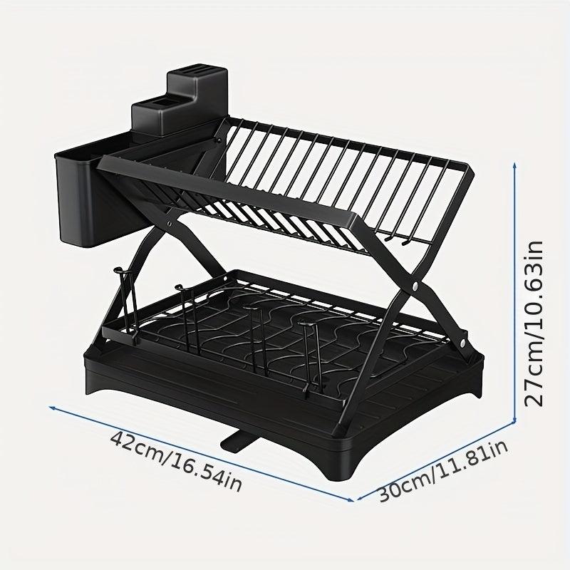 Large Capacity Foldable Dish Rack with Double Layer Storage