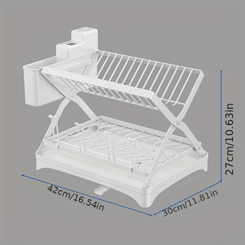 Large Capacity Foldable Dish Rack with Double Layer Storage