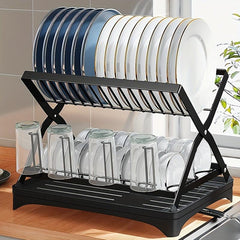 Large Capacity Foldable Dish Rack with Double Layer Storage
