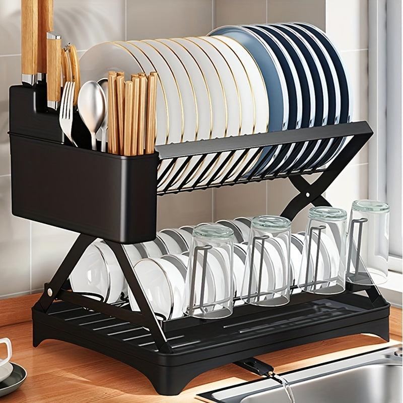 Large Capacity Foldable Dish Rack with Double Layer Storage