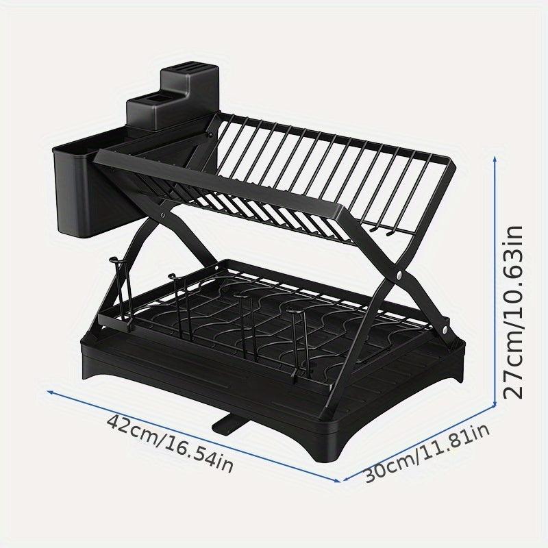 Large Capacity Foldable Dish Rack with Double Layer Storage