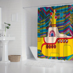 4pcs Yellow Submarine Shower Curtain Set with Hooks, Non Slip Bathroom Rug