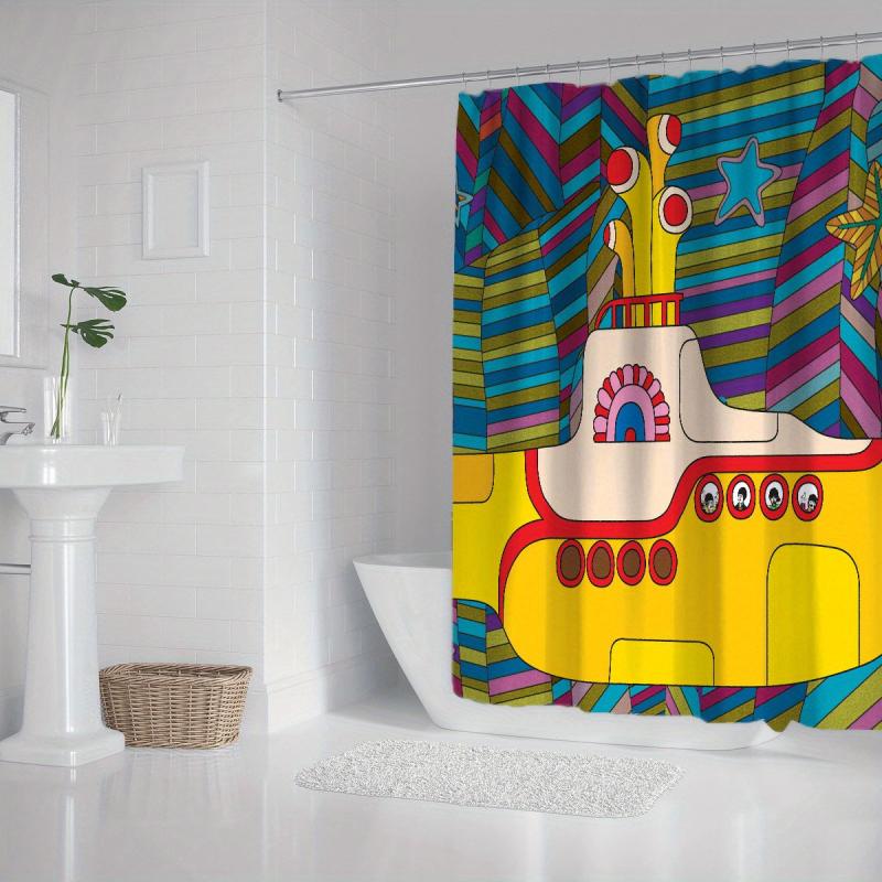 4pcs Yellow Submarine Shower Curtain Set with Hooks, Non Slip Bathroom Rug