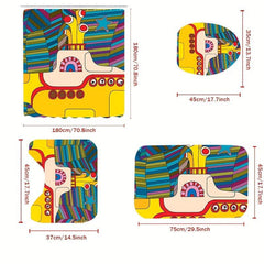 4pcs Yellow Submarine Shower Curtain Set with Hooks, Non Slip Bathroom Rug