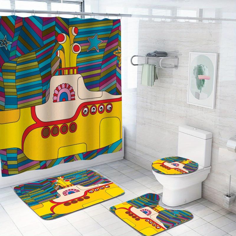 4pcs Yellow Submarine Shower Curtain Set with Hooks, Non Slip Bathroom Rug