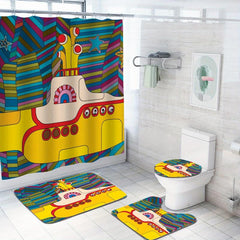 4pcs Yellow Submarine Shower Curtain Set with Hooks, Non Slip Bathroom Rug
