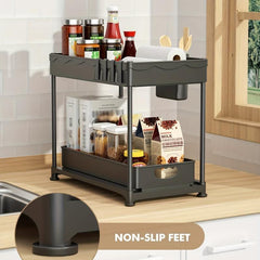 2 Tier Sliding Under Sink Organizer with 4 Hooks for Kitchen & Bathroom