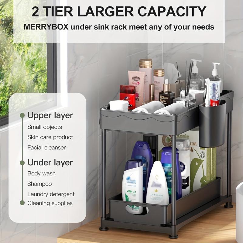 2 Tier Sliding Under Sink Organizer with 4 Hooks for Kitchen & Bathroom