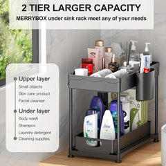 2 Tier Sliding Under Sink Organizer with 4 Hooks for Kitchen & Bathroom