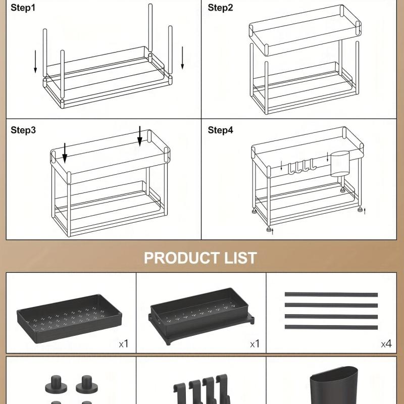 2 Tier Sliding Under Sink Organizer with 4 Hooks for Kitchen & Bathroom