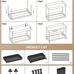 2 Tier Sliding Under Sink Organizer with 4 Hooks for Kitchen & Bathroom