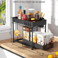 2 Tier Sliding Under Sink Organizer with 4 Hooks for Kitchen & Bathroom