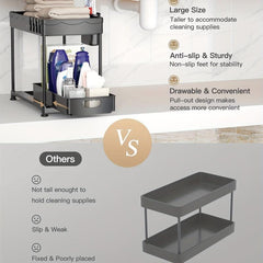 2 Tier Sliding Under Sink Organizer with 4 Hooks for Kitchen & Bathroom