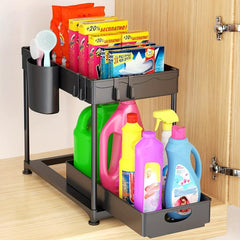 2 Tier Sliding Under Sink Organizer with 4 Hooks for Kitchen & Bathroom