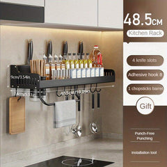 Wall Mounted Spice Rack w/ Towel Rod & Utensil Hooks