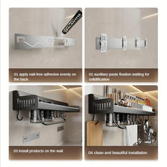 Wall Mounted Spice Rack w/ Towel Rod & Utensil Hooks