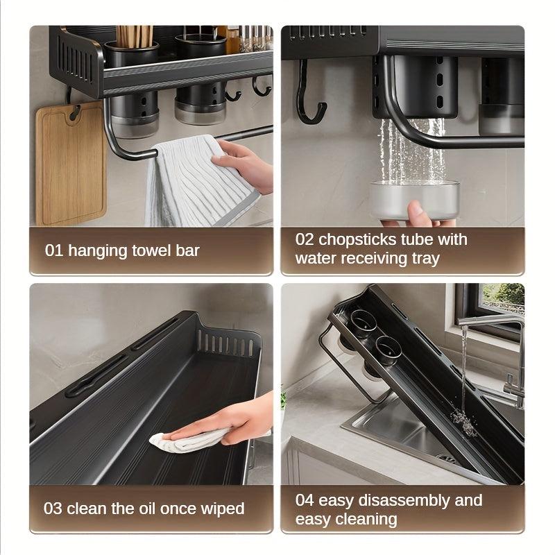 Wall Mounted Spice Rack w/ Towel Rod & Utensil Hooks
