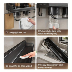 Wall Mounted Spice Rack w/ Towel Rod & Utensil Hooks