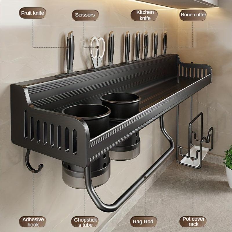Wall Mounted Spice Rack w/ Towel Rod & Utensil Hooks