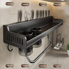 Wall Mounted Spice Rack w/ Towel Rod & Utensil Hooks