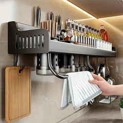 Wall Mounted Spice Rack w/ Towel Rod & Utensil Hooks