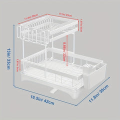 2 Tier Dish Drying Rack with Drainboard and Cutlery Holder