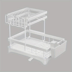 2 Tier Dish Drying Rack with Drainboard and Cutlery Holder
