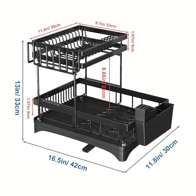 2 Tier Dish Drying Rack with Drainboard and Cutlery Holder