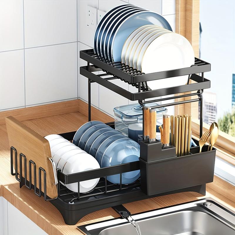 2 Tier Dish Drying Rack with Drainboard and Cutlery Holder