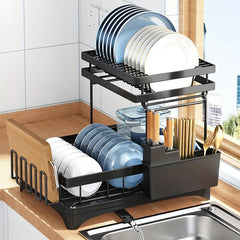 2 Tier Dish Drying Rack with Drainboard and Cutlery Holder