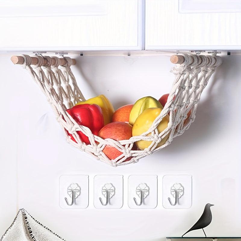 Fruit Hammock Hanging Basket for Kitchen Under Cabinet with 4 Hooks