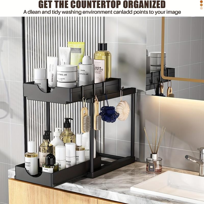 2 Tier Organizer & Storage Rack with Hooks for Kitchen & Bathroom