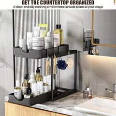 2 Tier Organizer & Storage Rack with Hooks for Kitchen & Bathroom
