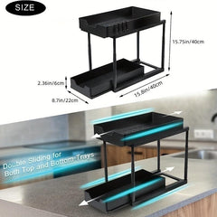 2 Tier Organizer & Storage Rack with Hooks for Kitchen & Bathroom