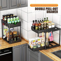 2 Tier Organizer & Storage Rack with Hooks for Kitchen & Bathroom