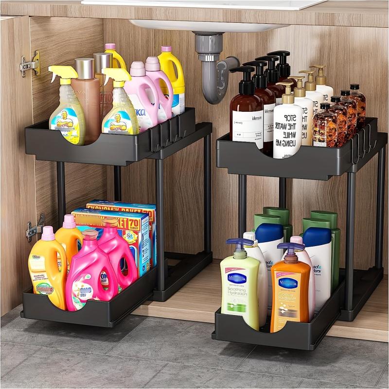 2 Tier Organizer & Storage Rack with Hooks for Kitchen & Bathroom
